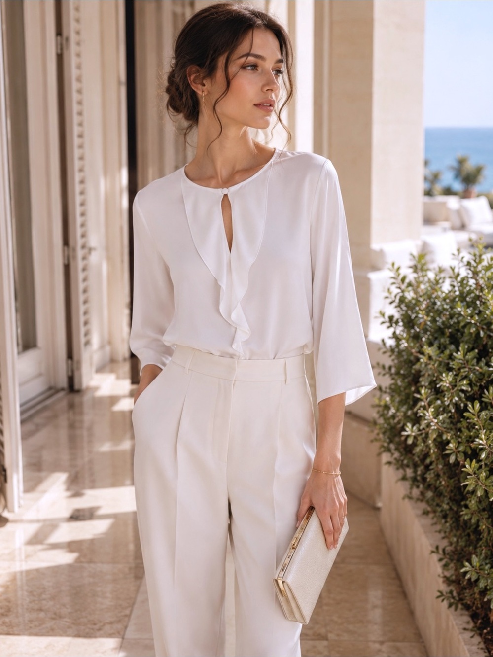 Giorgio Armani Black Label White Silk Ruffle Front Draped Keyhole Blouse Italy